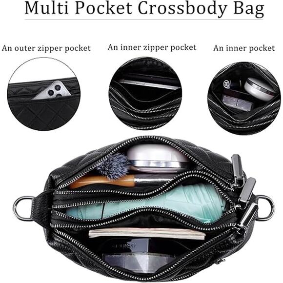 NEW Kaki Quilted Crossbody Bag  Triple Zipper Vegan Leather Shoulder Purse - Picture 4 of 5